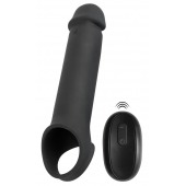Черная вибронасадка для пениса с хомутом для мошонки и пультом ДУ Remote Controlled Penis Extension - Orion - в Кемерово купить с доставкой