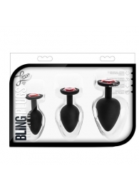 Набор черных анальных пробок с красным кристаллом-сердечком Bling Plugs Training Kit - Blush Novelties - купить с доставкой в Кемерово