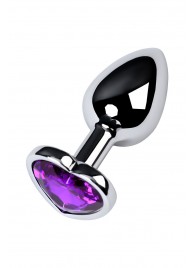 Серебристая коническая анальная пробка с фиолетовым кристаллом-сердечком - 7 см. - ToyFa - купить с доставкой в Кемерово