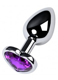 Серебристая коническая анальная пробка с фиолетовым кристаллом-сердечком - 7 см. - ToyFa - купить с доставкой в Кемерово