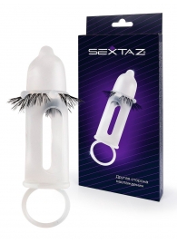 Эластичная насадка на пенис с подхватом мошонки и стимулирующими «ресничками» - Sextaz - в Кемерово купить с доставкой