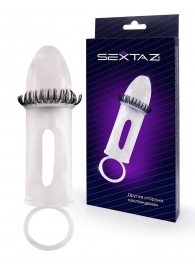 Закрытая насадка на пенис с подхватом мошонки и стимулирующими «ресничками» - Sextaz - в Кемерово купить с доставкой