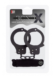 Чёрные наручники из листового металла в комплекте с веревкой BONDX METAL CUFFS LOVE ROPE SET - Dream Toys - купить с доставкой в Кемерово