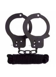 Чёрные наручники из листового металла в комплекте с веревкой BONDX METAL CUFFS LOVE ROPE SET - Dream Toys - купить с доставкой в Кемерово