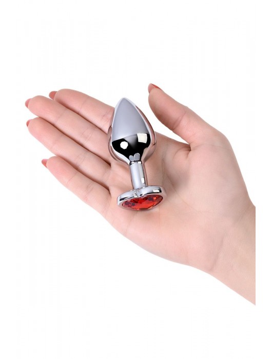 Серебристая коническая анальная пробка с красным кристаллом-сердечком - 7 см. - ToyFa - купить с доставкой в Кемерово