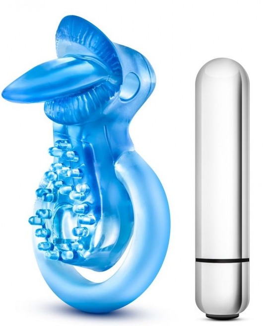 Голубое эрекционное виброкольцо 10 Function Vibrating Tongue Ring - Blush Novelties - в Кемерово купить с доставкой