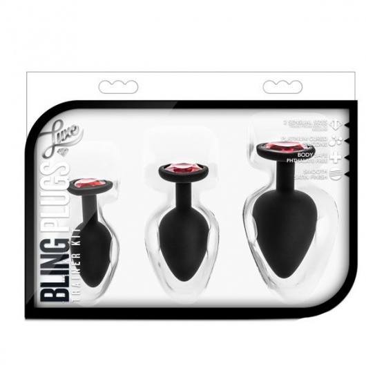Набор черных анальных пробок с красным кристаллом-сердечком Bling Plugs Training Kit - Blush Novelties - купить с доставкой в Кемерово