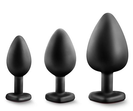 Набор черных анальных пробок с красным кристаллом-сердечком Bling Plugs Training Kit - Blush Novelties - купить с доставкой в Кемерово