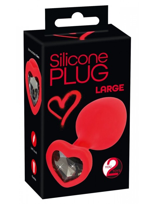 Красная силиконовая анальная пробка с черным стразом-сердечком - 9,3 см. - Orion - купить с доставкой в Кемерово