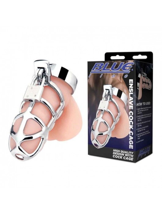 Серебристая металлическая клетка для члена с замком Enslave Cock Cage - BlueLine - купить с доставкой в Кемерово