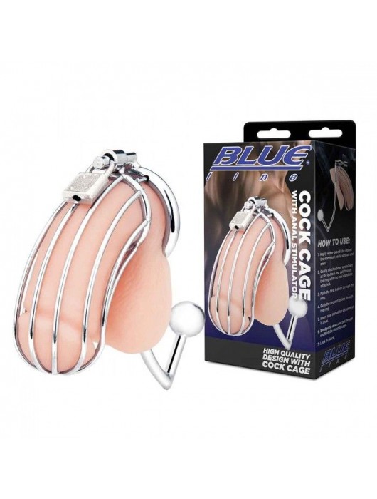 Серебристая металлическая клетка с анальным стимулятором Cock Cage - BlueLine - купить с доставкой в Кемерово
