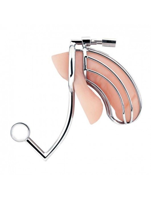 Серебристая металлическая клетка с анальным стимулятором Cock Cage - BlueLine - купить с доставкой в Кемерово