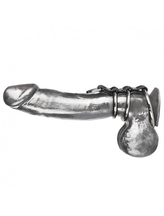 Хомут на пенис из трех металлических колец и кольца для привязи 3 RING GATES OF HELL - BlueLine - купить с доставкой в Кемерово