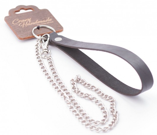 Серебристый металлический поводок с кожаной черной ручкой - 80 см. - Crazy Handmade - купить с доставкой в Кемерово