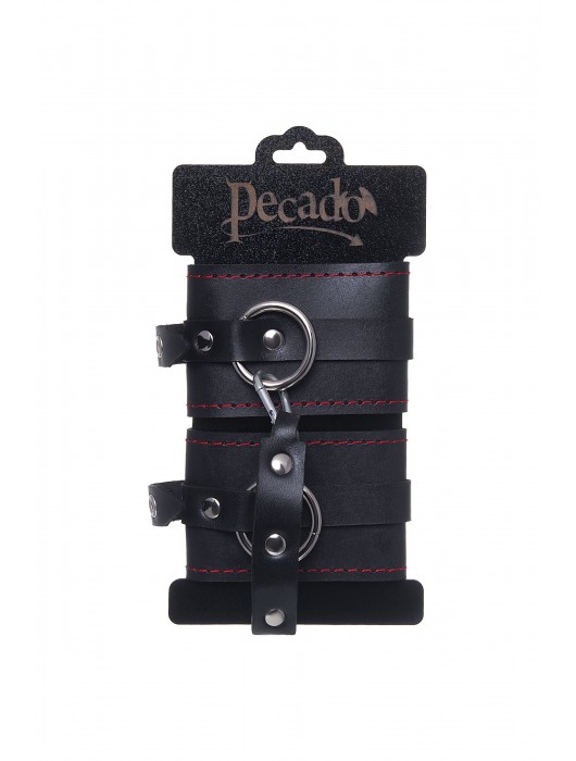 Черные кожаные однослойные оковы с контрастной строчкой - Pecado - купить с доставкой в Кемерово