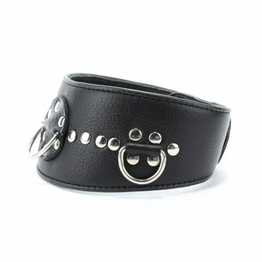 Чёрный кожаный ошейник с полукольцами и клёпками - БДСМ Арсенал - купить с доставкой в Кемерово