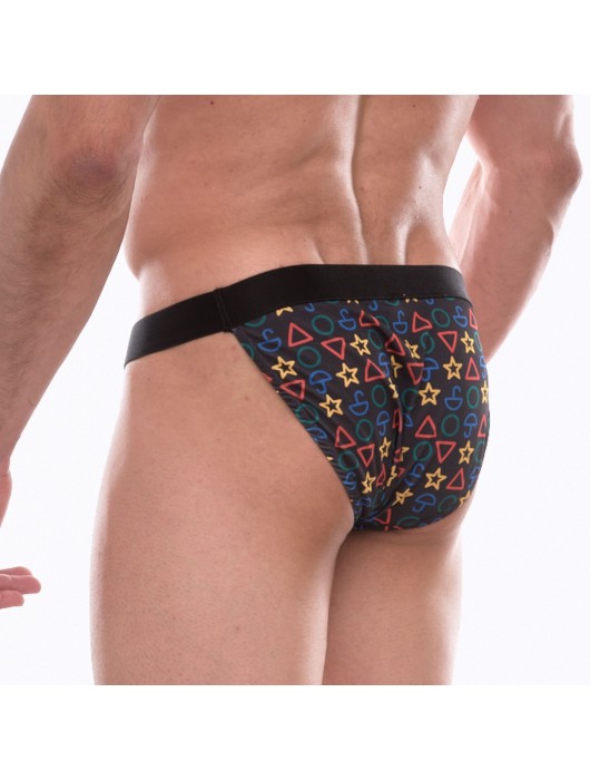 Темно-серые трусы-танга с разноцветным принтом в виде значков - Don Moris купить с доставкой