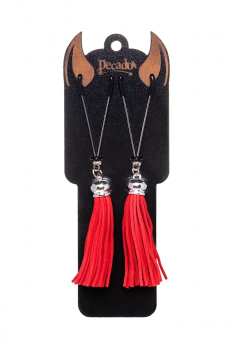 Зажимы на соски «Вилки» с красными кисточками из замши - Pecado - купить с доставкой в Кемерово