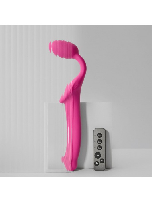 Ярко-розовый безремневой страпон Strap-on-me Vibrating Bendable Strap-On size L - Strap-on-me - купить с доставкой в Кемерово