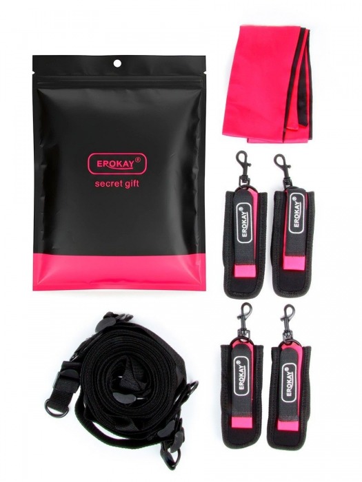 Черно-розовый эротический набор: фиксатор, оковы, наручники, повязка - Erokay - купить с доставкой в Кемерово