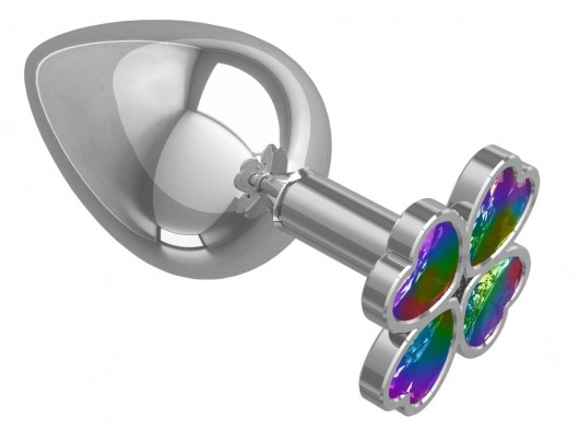 Серебристая анальная пробка-клевер с радужным кристаллом - 9,5 см. - Джага-Джага - купить с доставкой в Кемерово